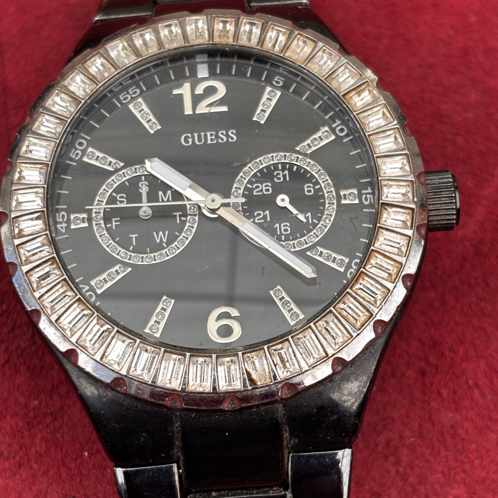 Guess Black Dial Stainless Steel Watch With Crystal Bezel